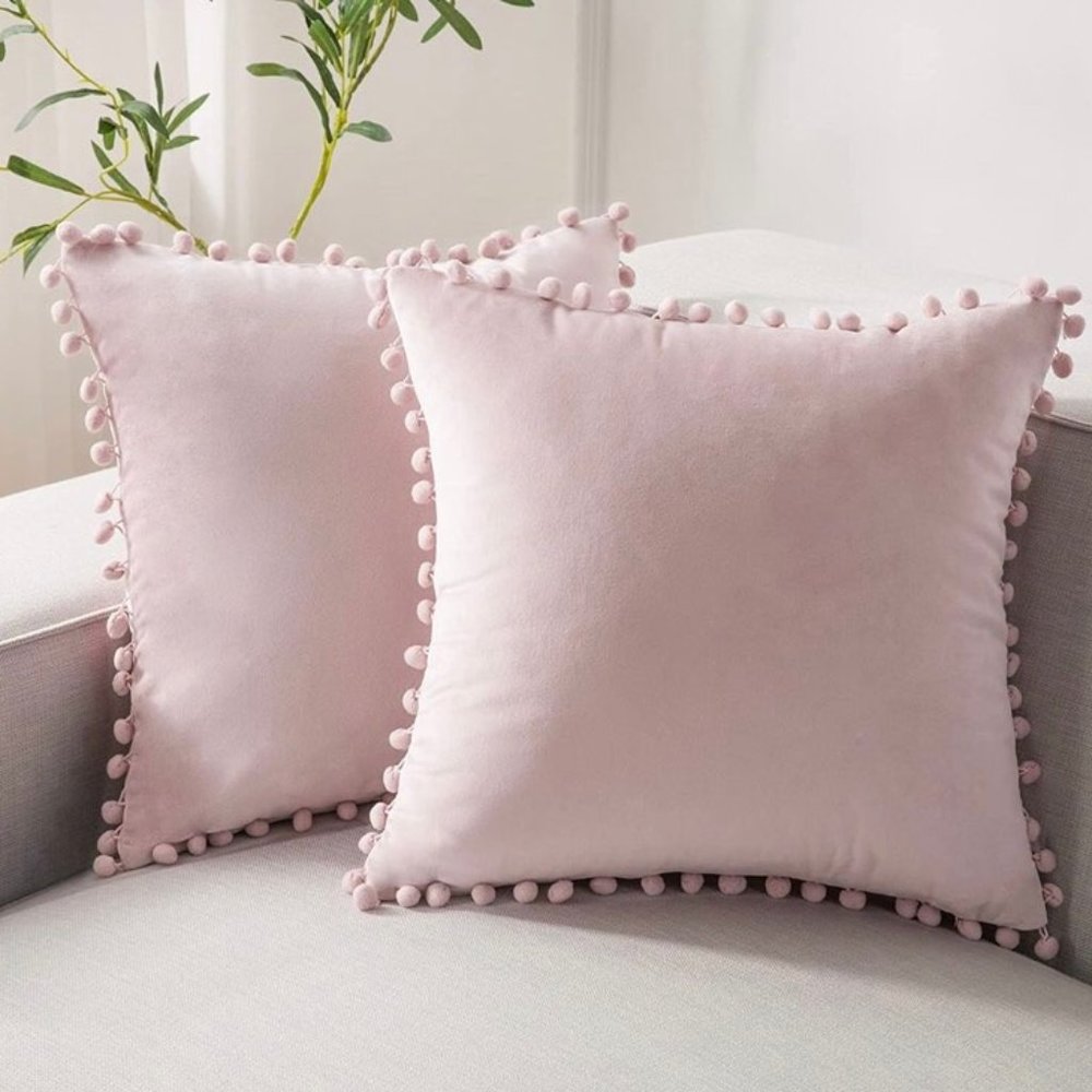 (Only Covers) Set of 2 Poms Poms Velvet Decorative Pillow Covers, Light Pink